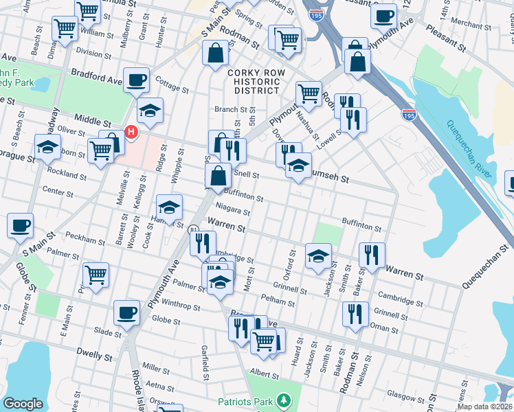 map of restaurants, bars, coffee shops, grocery stores, and more near 29 Mott Street in Fall River