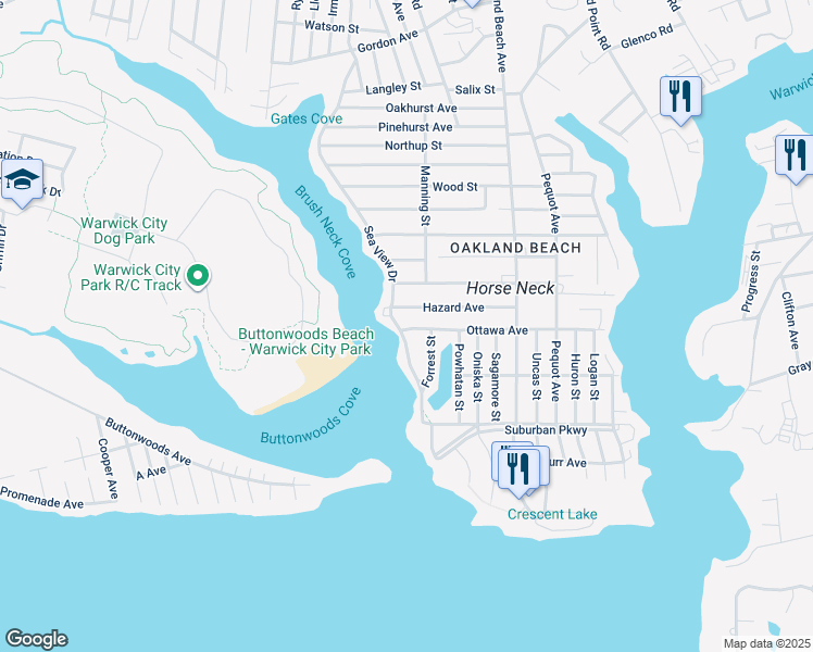 map of restaurants, bars, coffee shops, grocery stores, and more near 347 Sea View Drive in Warwick