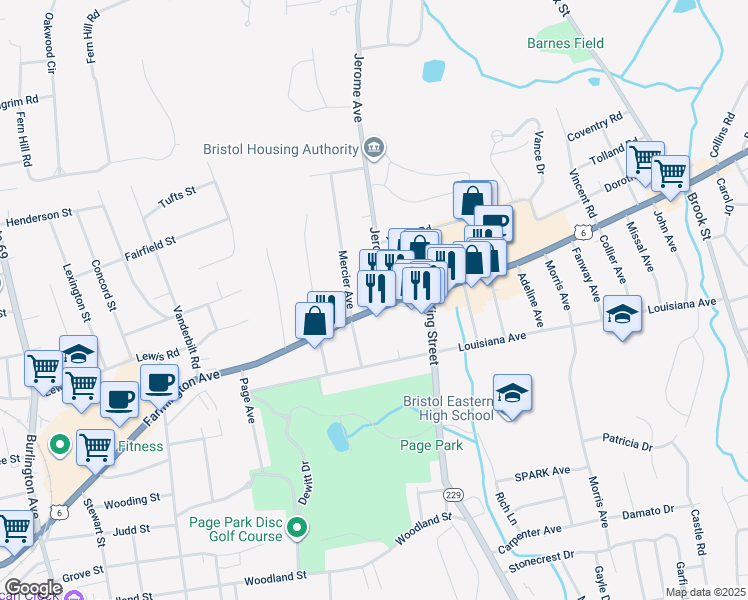 map of restaurants, bars, coffee shops, grocery stores, and more near 455 Farmington Avenue in Bristol