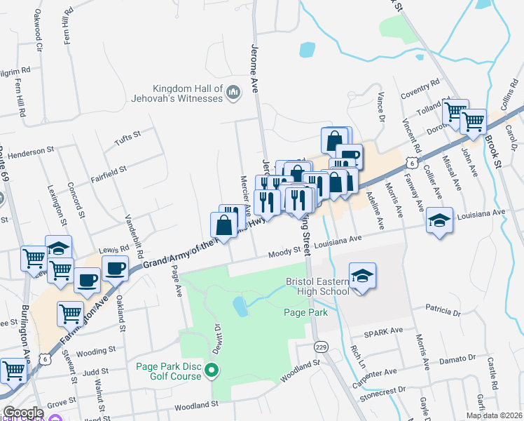 map of restaurants, bars, coffee shops, grocery stores, and more near 455 Farmington Avenue in Bristol