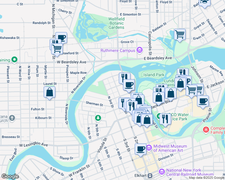 map of restaurants, bars, coffee shops, grocery stores, and more near 217 West Sycamore Street in Elkhart