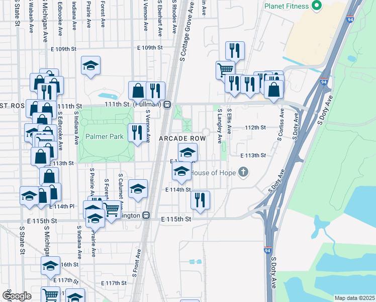 map of restaurants, bars, coffee shops, grocery stores, and more near 11253 South Forrestville Avenue in Chicago