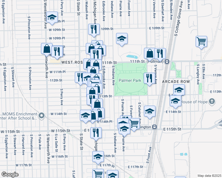 map of restaurants, bars, coffee shops, grocery stores, and more near 11250 South Indiana Avenue in Chicago