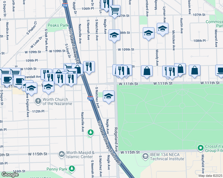 map of restaurants, bars, coffee shops, grocery stores, and more near 6437 West 111th Street in Worth