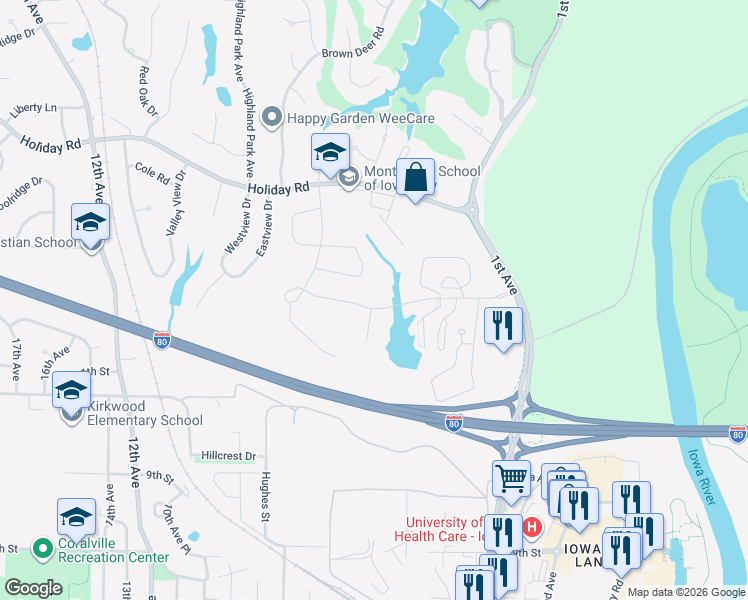 map of restaurants, bars, coffee shops, grocery stores, and more near 347 Sierra Trce in Coralville