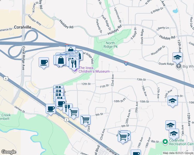 map of restaurants, bars, coffee shops, grocery stores, and more near 2258 13th Street in Coralville