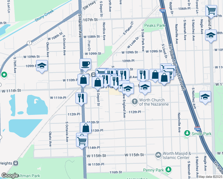 map of restaurants, bars, coffee shops, grocery stores, and more near 11113 South Worth Avenue in Worth