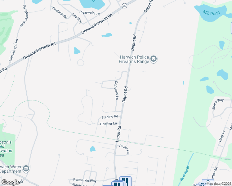 map of restaurants, bars, coffee shops, grocery stores, and more near 24 Driftwood Lane in Harwich