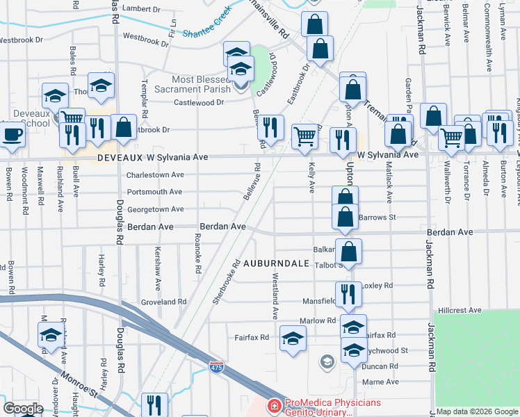 map of restaurants, bars, coffee shops, grocery stores, and more near 3823 Sherbrooke Road in Toledo