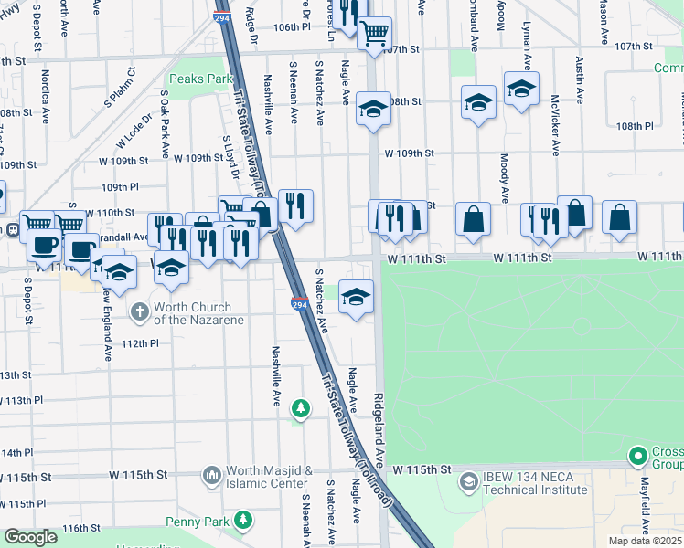 map of restaurants, bars, coffee shops, grocery stores, and more near 6437 West 111th Street in Worth