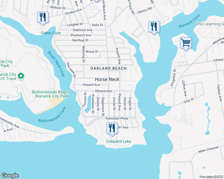 map of restaurants, bars, coffee shops, grocery stores, and more near 52 Uncas Street in Warwick