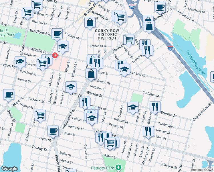 map of restaurants, bars, coffee shops, grocery stores, and more near 29 Mott Street in Fall River