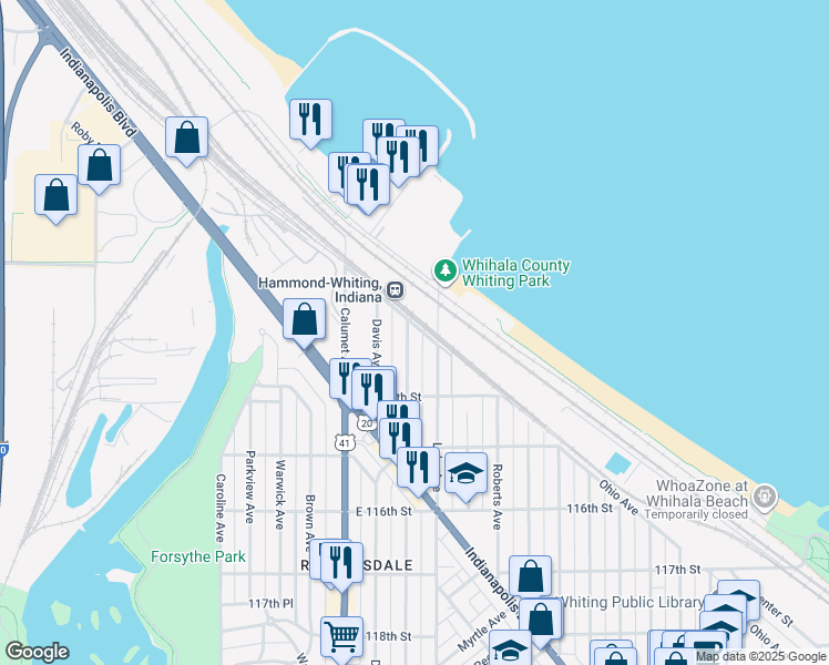 map of restaurants, bars, coffee shops, grocery stores, and more near 1310 Lake Avenue in Whiting