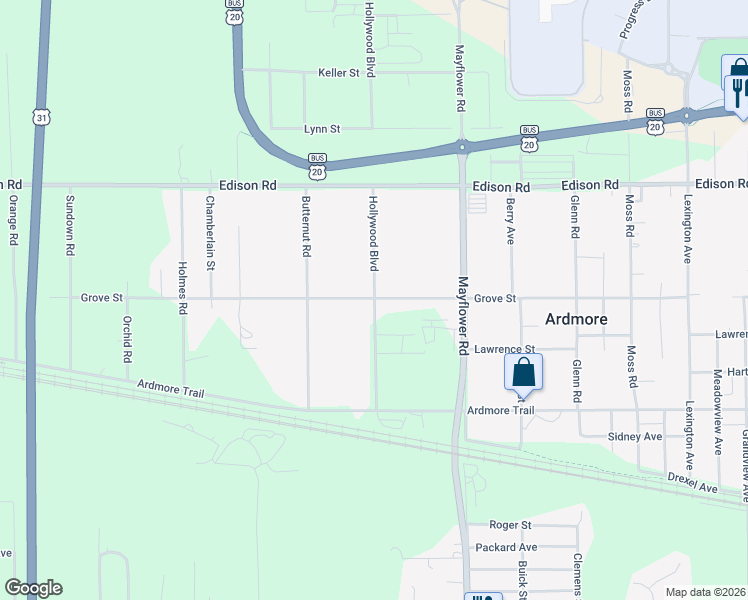 map of restaurants, bars, coffee shops, grocery stores, and more near 55201 Hollywood Boulevard in South Bend