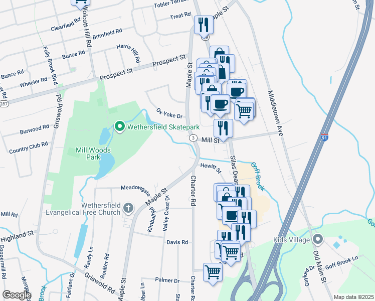 map of restaurants, bars, coffee shops, grocery stores, and more near 333 Maple Street in Wethersfield