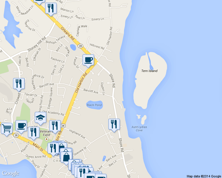 map of restaurants, bars, coffee shops, grocery stores, and more near 469 Shore Road in Chatham