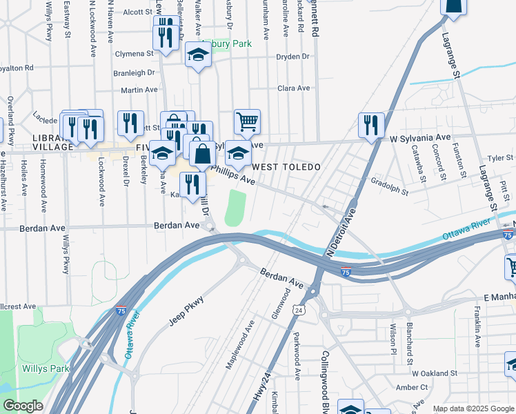 map of restaurants, bars, coffee shops, grocery stores, and more near 613 Phillips Avenue in Toledo