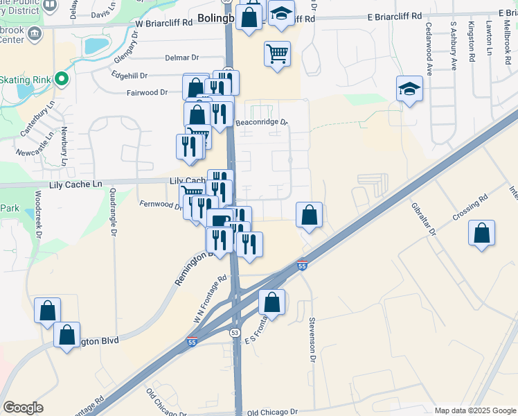 map of restaurants, bars, coffee shops, grocery stores, and more near 420 Gainsborough Court in Bolingbrook