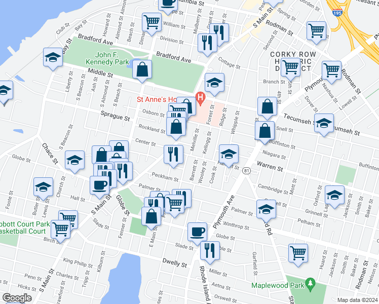 map of restaurants, bars, coffee shops, grocery stores, and more near 149 Melville Street in Fall River