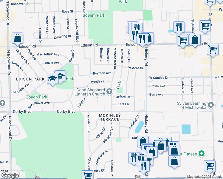 map of restaurants, bars, coffee shops, grocery stores, and more near 3298 Voll Lane in South Bend