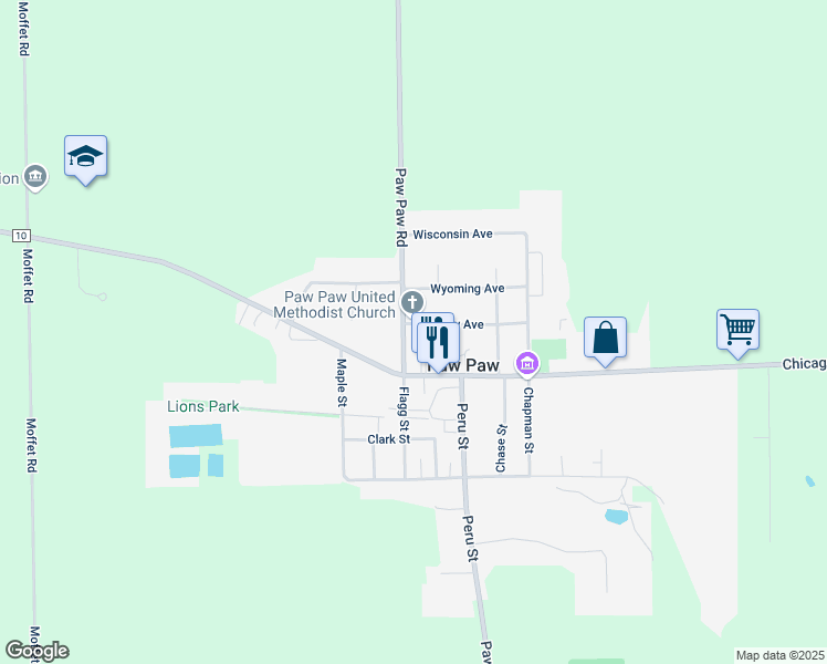 map of restaurants, bars, coffee shops, grocery stores, and more near 335 Flagg Street in Paw Paw