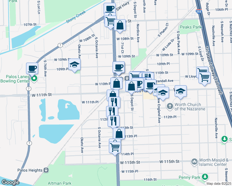 map of restaurants, bars, coffee shops, grocery stores, and more near in Worth