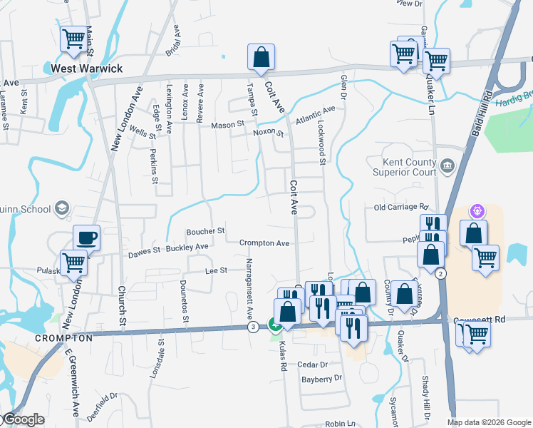 map of restaurants, bars, coffee shops, grocery stores, and more near 27 Audrey Drive in West Warwick