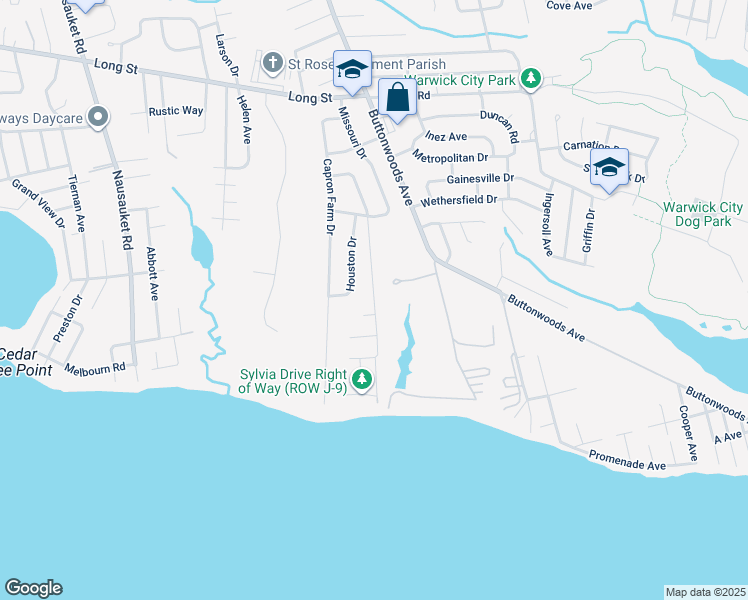 map of restaurants, bars, coffee shops, grocery stores, and more near 114 Claypool Drive in Warwick
