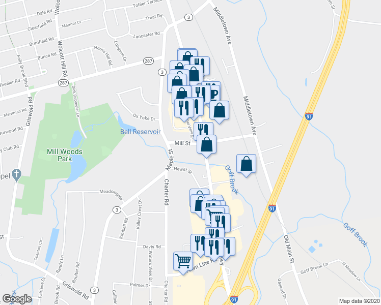 map of restaurants, bars, coffee shops, grocery stores, and more near 1155 Silas Deane Highway in Wethersfield
