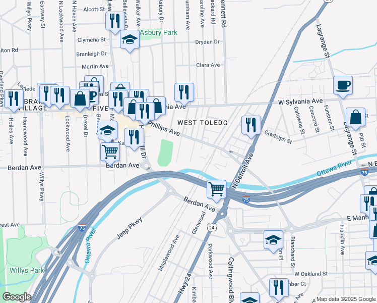 map of restaurants, bars, coffee shops, grocery stores, and more near 613 Phillips Avenue in Toledo
