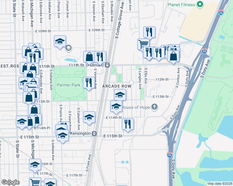 map of restaurants, bars, coffee shops, grocery stores, and more near 11253 South Forrestville Avenue in Chicago