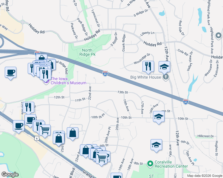 map of restaurants, bars, coffee shops, grocery stores, and more near 1930-2000 13th Street in Coralville