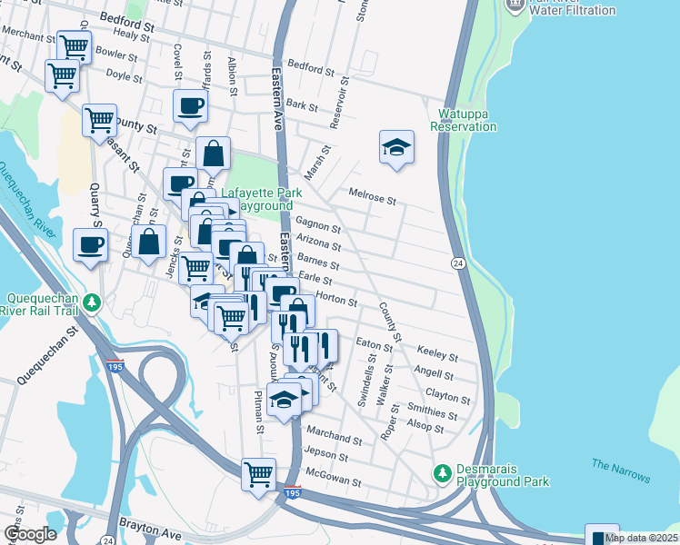 map of restaurants, bars, coffee shops, grocery stores, and more near 95 Earle Street in Fall River
