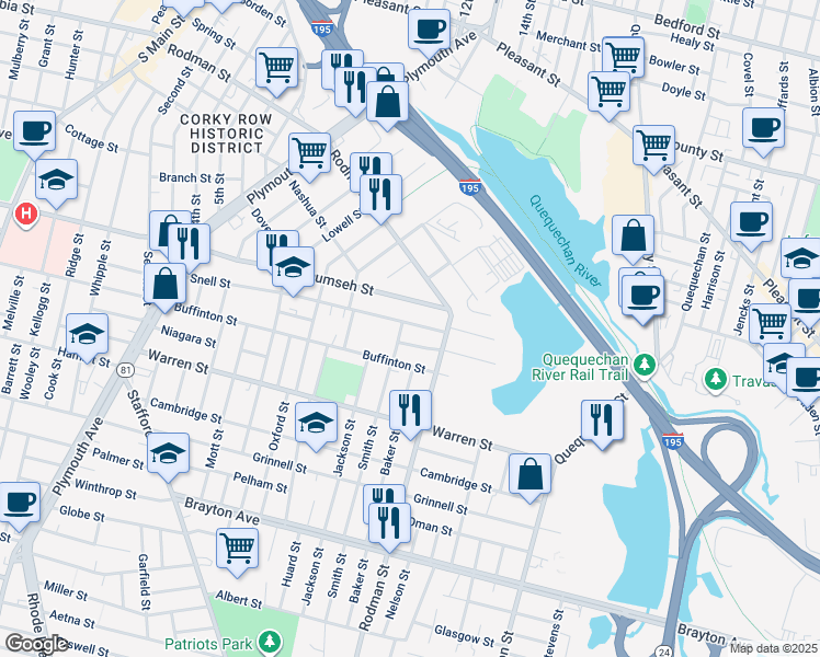 map of restaurants, bars, coffee shops, grocery stores, and more near 49 York Street in Fall River
