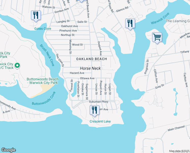 map of restaurants, bars, coffee shops, grocery stores, and more near 52 Uncas Street in Warwick