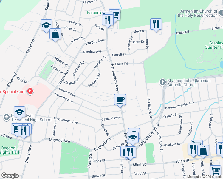 map of restaurants, bars, coffee shops, grocery stores, and more near 430 Farmington Avenue in New Britain