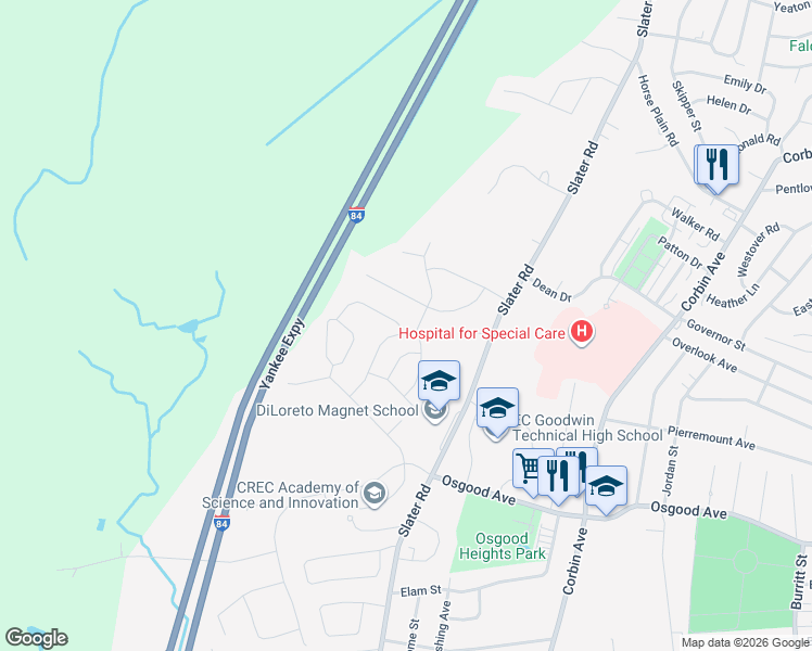 map of restaurants, bars, coffee shops, grocery stores, and more near 69 Nelson Street in New Britain