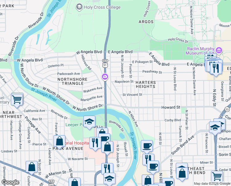 map of restaurants, bars, coffee shops, grocery stores, and more near 1028-1098 North Niles Avenue in South Bend