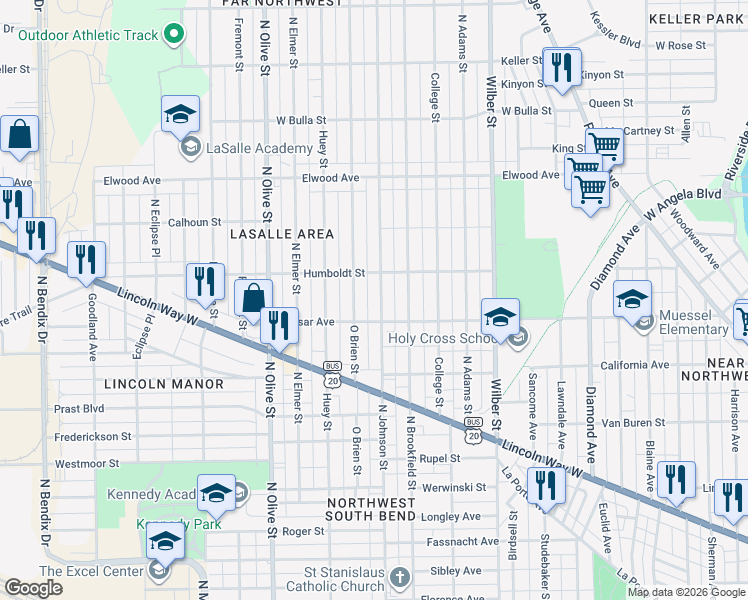 map of restaurants, bars, coffee shops, grocery stores, and more near 1110 North Johnson Street in South Bend