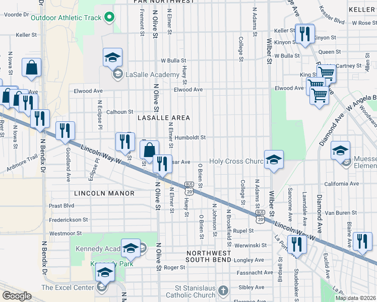 map of restaurants, bars, coffee shops, grocery stores, and more near 1111 Huey Street in South Bend