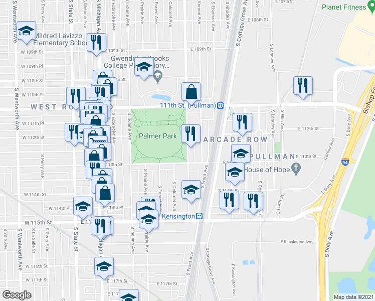 map of restaurants, bars, coffee shops, grocery stores, and more near 11241 South King Drive in Chicago