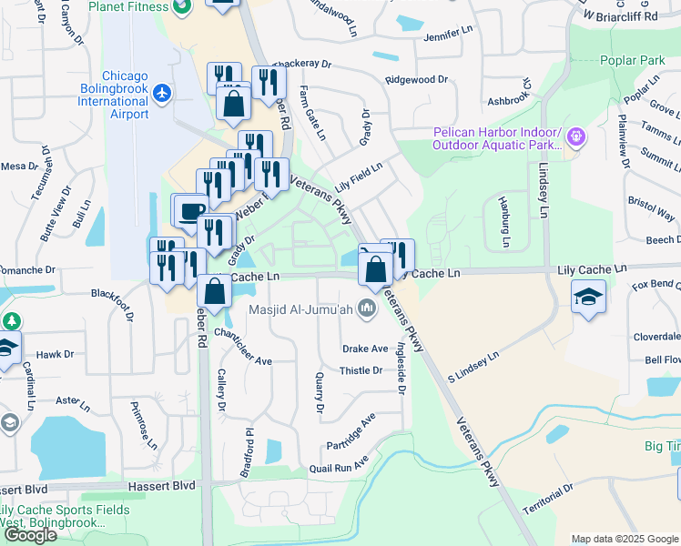map of restaurants, bars, coffee shops, grocery stores, and more near 302 Drake Court in Bolingbrook