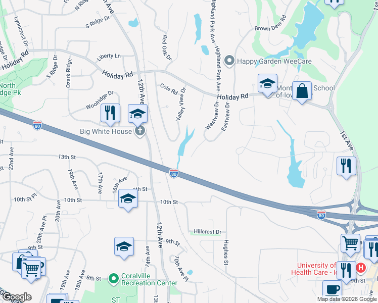 map of restaurants, bars, coffee shops, grocery stores, and more near 1317 Southview Circle in Coralville