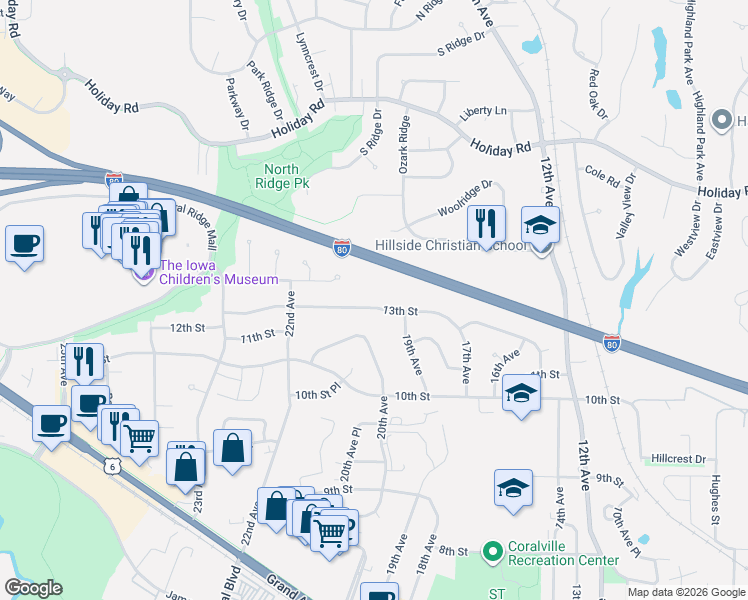 map of restaurants, bars, coffee shops, grocery stores, and more near 1930-2000 13th Street in Coralville
