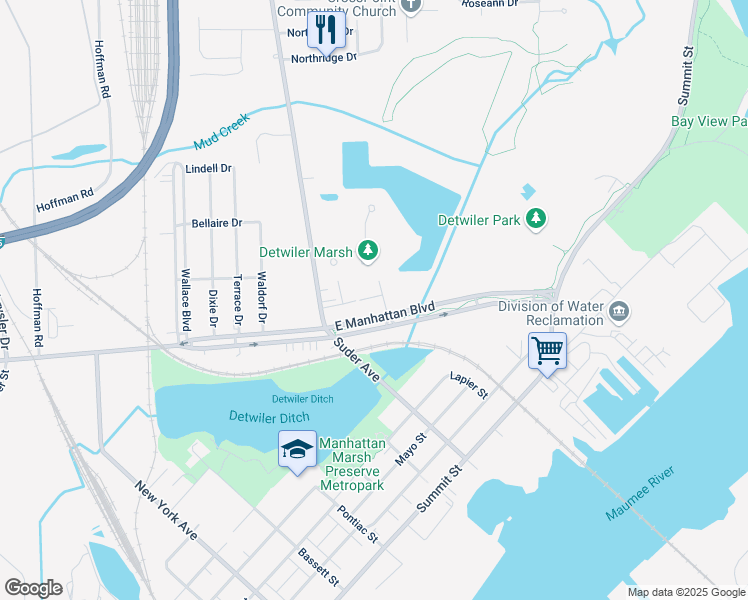 map of restaurants, bars, coffee shops, grocery stores, and more near 3563 East Manhattan Boulevard in Toledo