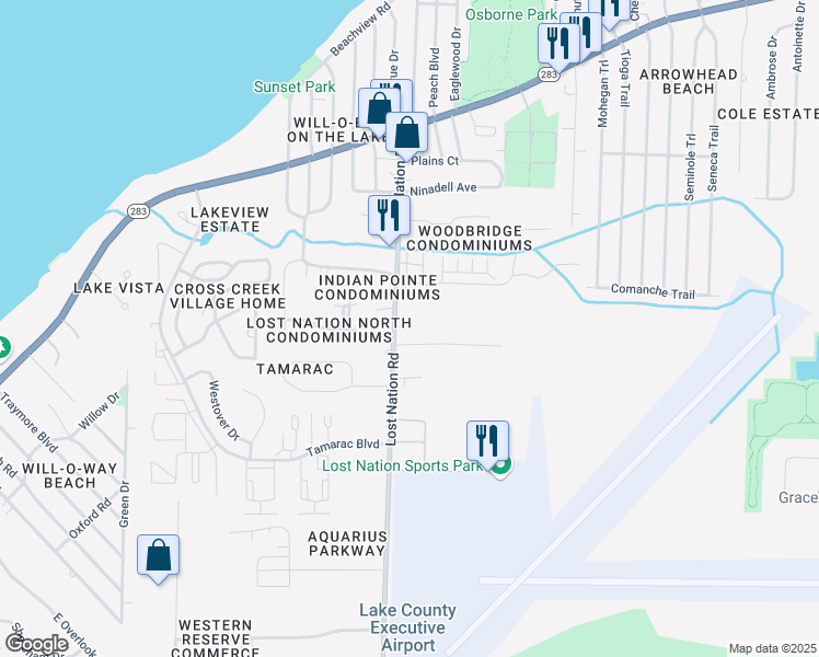 map of restaurants, bars, coffee shops, grocery stores, and more near 1397 Lost Nation Road in Willoughby