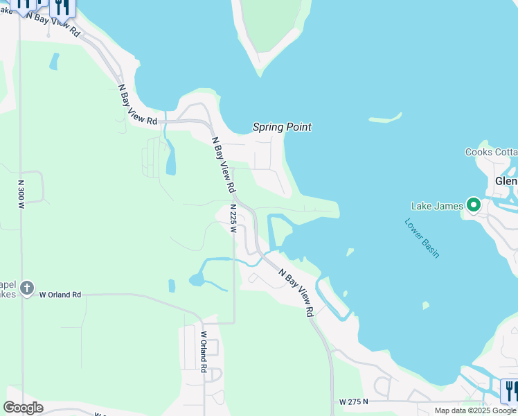 map of restaurants, bars, coffee shops, grocery stores, and more near 213 Ln 345 Lake James in Angola