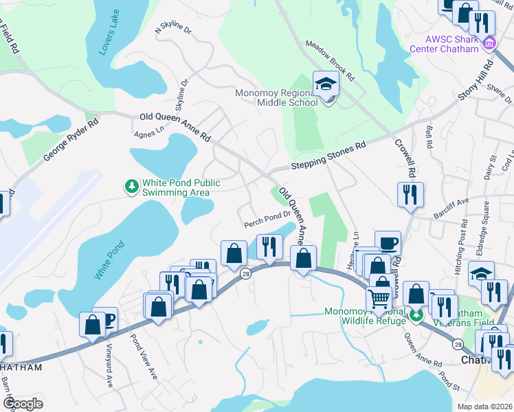 map of restaurants, bars, coffee shops, grocery stores, and more near 50 Perch Pond Drive in Chatham
