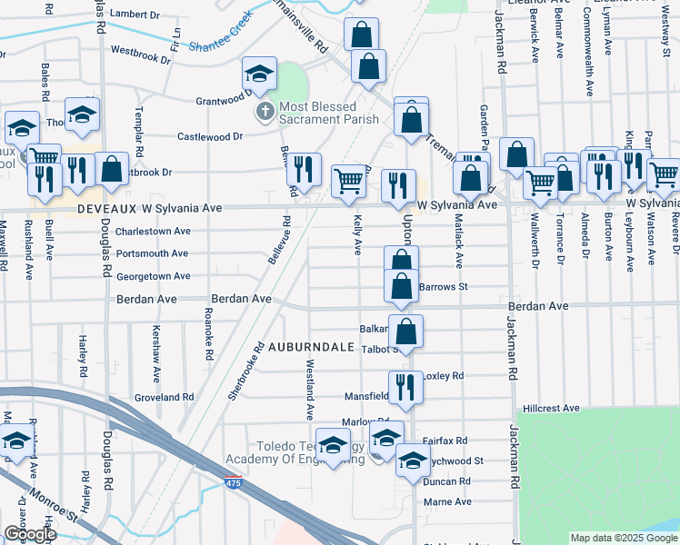 map of restaurants, bars, coffee shops, grocery stores, and more near 2023 Berkshire Place in Toledo