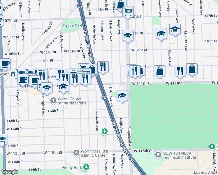 map of restaurants, bars, coffee shops, grocery stores, and more near 6545 West 111th Street in Worth